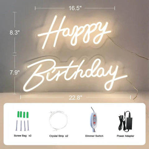 Two Pack Birthday Neon LED Sign Set With Dual Display Options 40x16 Inch Single Row Or 23x17 Inch Two Row Backdrop Light Up 12V Dimmable Switch Party Decor That Pops Photo Booth Ready showcasing 'Happy Birthday' text with dimmer switch and power adapter