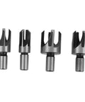 Top Notch 4 Piece Wood Plug Cutters With Tapered Deep Cutting Edge For Bench Drill And Electric Hand Drill Compatible precision woodworking bits.