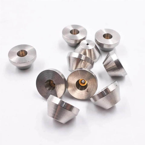Group of waterjet ruby orifice nozzles, 0.26 mm diameter, metal conical nozzles for 3-axis water jet cutting.