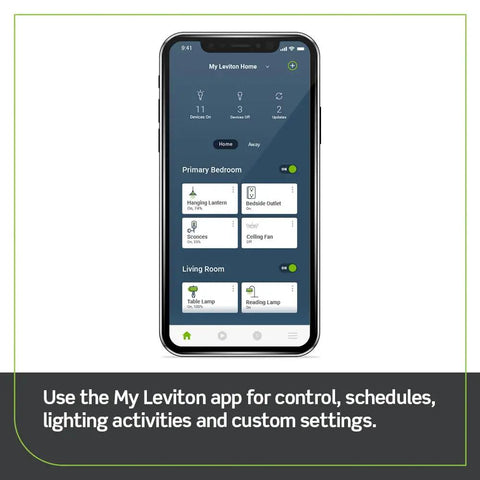 Decora Smart No Neutral Dimmer And WiFi Bridge Kit For Old School Wiring White Switch Bundle shown on smartphone app screen.