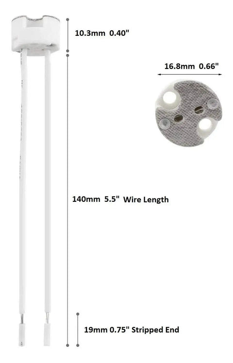 10 Pack Ceramic MR16 MR11 GU5.3 Socket With Silicon Wire 5.5 Inch Lead Replaces Burned Wiring And Converts Halogen To LED shown.