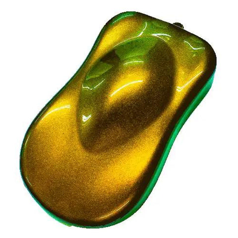 Kickin Color Shift Automotive Basecoat Midcoat Full Gallon Ready To Spray Rich Green Gold Copper Rose Flake Heavy Hiding Custom Car Paint With Medium Reducer For Fresh Dope Finish sample showing green and gold shimmer effect.