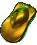 High Definition Automotive Colorshift Paint Basecoat And Midcoat Gallon Kit Ready To Spray In Minutes With Compatible Medium Reducer showing metallic gold and green color shifts