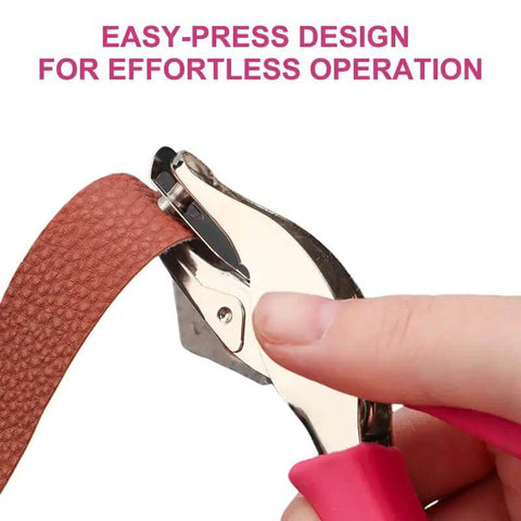 No Fuss Easy Grip One Quarter Inch Hole Punch With Scraps Tray punching leather with easy-press design, pink handle