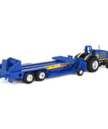 One Sixty Four Scale FFA Die Cast Pulling Tractor With Sled Nine Inch Long Farm Toy For Ages 3 Plus in blue, side view