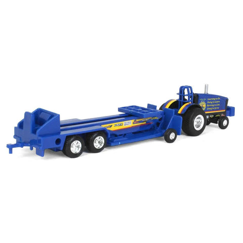 One Sixty Four Scale FFA Die Cast Pulling Tractor With Sled Nine Inch Long Farm Toy For Ages 3 Plus in blue, side view