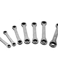 Ratcheting Box Wrench Set 7-Piece Heavy Duty Pro-Grade Laminated Steel With Roll-Up Pouch Dual End Sizes Chrome Finish Displayed