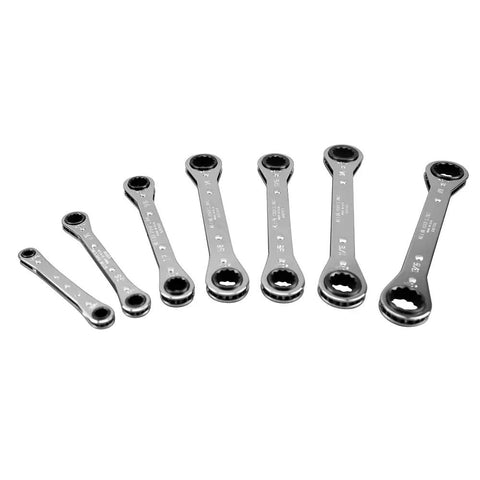 Ratcheting Box Wrench Set 7-Piece Heavy Duty Pro-Grade Laminated Steel With Roll-Up Pouch Dual End Sizes Chrome Finish Displayed