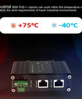 Plug And Play 95W PoE Plus Injector Gigabit Network Power Adapter 12 To 48Vdc Input showing temperature range from -40°C to +75°C.