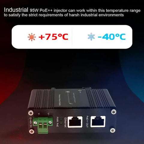 Plug And Play 95W PoE Plus Injector Gigabit Network Power Adapter 12 To 48Vdc Input showing temperature range from -40°C to +75°C.