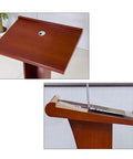 Top view of Rock Solid Wood Roll Away Lectern With Plenty Of Storage Space, showcasing brown wood surface and cable hole.