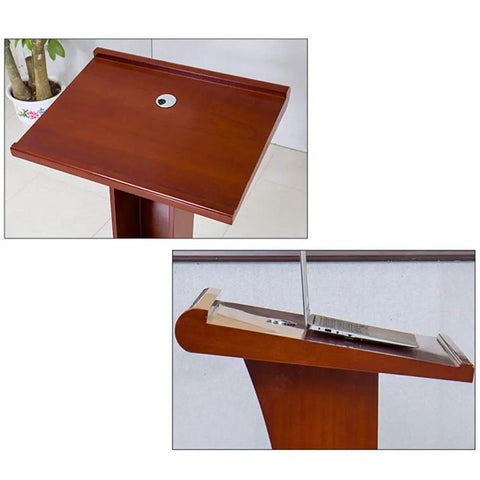 Top view of Rock Solid Wood Roll Away Lectern With Plenty Of Storage Space, showcasing brown wood surface and cable hole.