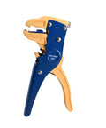 Pro Rig Automatic Wire Stripper And Electrical Cutter Self Adjusting Design Handles 0.2 Millimeters To 6 Millimeters, blue plastic body, side view.