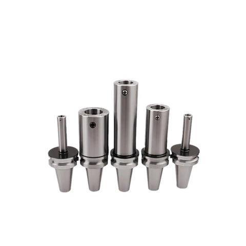 Battle Ready BT50 CNC Collet Assembly Featuring Rock Solid LBK5 And LBK6 Quick Grip Clamps For Rough Boring Machining With Knockout Stainless Steel Shock Control. Set of five steel collet holders for precision machining.