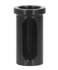 Front view of CNC lathe reducer sleeve in black alloy steel with flanged top and side slot