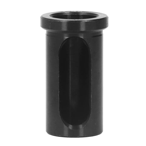 Front view of CNC lathe reducer sleeve in black alloy steel with flanged top and side slot