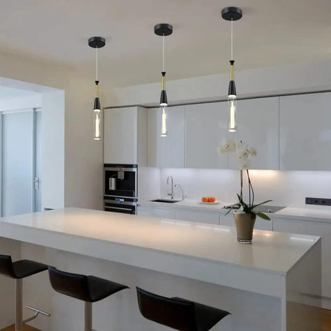 Black Cylinder Crystal Pendant Light With Dimmable 5W LED above modern kitchen island setup