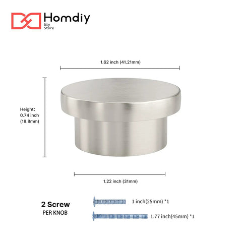 Brushed Nickel Cabinet Knobs 20 Pack Round Zinc Drawer Knobs For Kitchen Hardware with dimensions and screws. Homdiy logo visible.