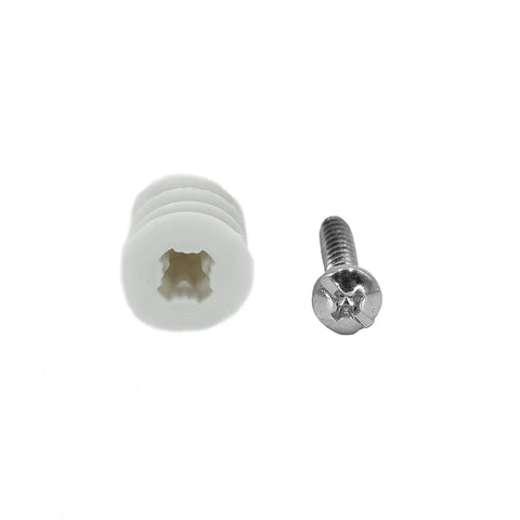 Close-up of a nylon drywall anchor and metal screw from 100 Pack Nylon Self Drilling Drywall Anchors And Screws Kit No Hole Prep Required.