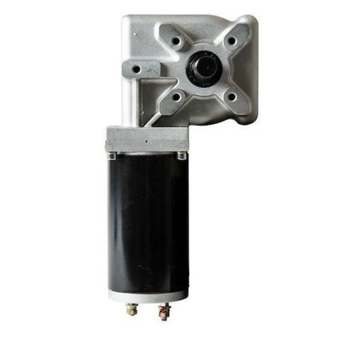 Front view of Buyers Products tarp gear motor 900W/90:1, with a silver gearbox atop a black motor.