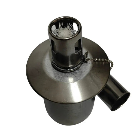 Brushed Stainless Steel Tiki Torch Canister Replacement With Cotton Wick And Snuffer, showing top view of durable metal canister