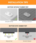 Aieve self-adhesive caster wheels infographic showing installation tips for bottom with/without rubber feet.