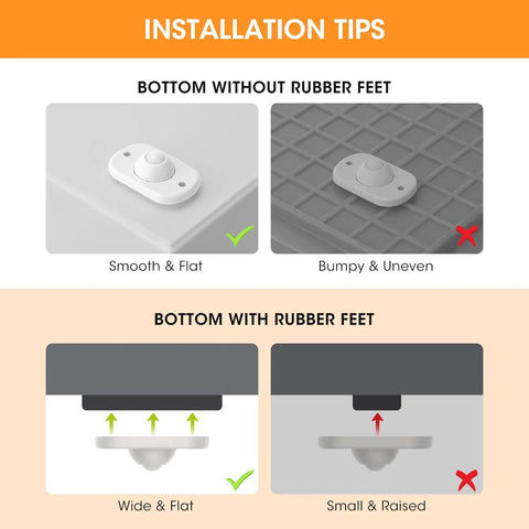 Aieve self-adhesive caster wheels infographic showing installation tips for bottom with/without rubber feet.
