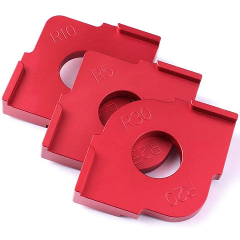 Straight Up Premium Heavy Duty Aluminum Radius Jig Router Templates Set Of 3 Killer Rounded Corner Guides for Flawless Woodworking Builds You Can Trust Any Day, three red aluminum jigs with R5, R10, R30 sizes.