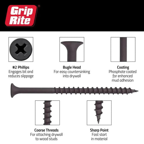 Diagram of Six By One Inch Bugle Head Drywall Screw With Coarse Thread And Sharp Point For Quick And Easy Drywall Jobs In Home Reno Projects One Pound Box That You Can Bang Out Fast, showing features like #2 Phillips head, coarse threads, sharp point, and phosphate coating.