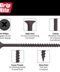 Heavy Duty Coarse Thread Drywall Screws With Phosphate Coating For A Boss Finish And Rock Solid Wall Holds displaying bugle head and coarse threads.