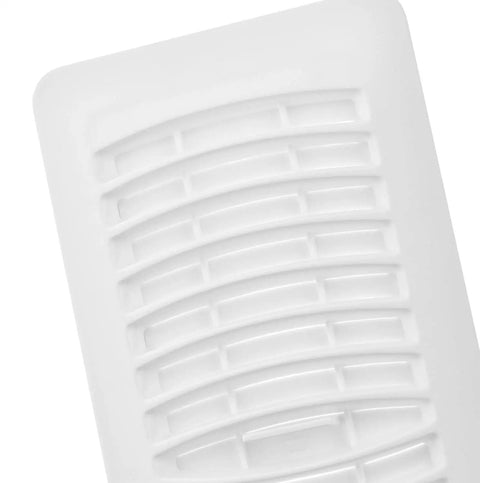 Close-up of louvered plastic floor register 4 x 10 inch white 5 pack heavy duty polystyrene durable floor vent with damper.