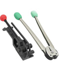 Heavy Duty Manual Strapping Machine Kit With Ratchet Tensioner And Sealer For Steel Pet Pp Bands, black and silver tools for strapping.