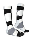Black And White Piano Grid Thigh High Socks Unisex Breathable Moisture Wicking Crew Socks For Women Men displayed at an angle showing the unique pattern.