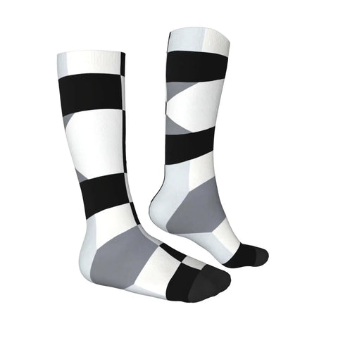 Black And White Piano Grid Thigh High Socks Unisex Breathable Moisture Wicking Crew Socks For Women Men displayed at an angle showing the unique pattern.