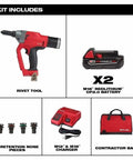 Cordless Blind Rivet Tool Kit One Quarter Inch Range Three Sixteenth To Nine Thirty Second Rivets, kit includes rivet tool, batteries, charger, and bag
