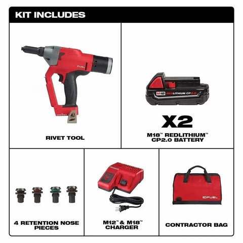 Cordless Blind Rivet Tool Kit One Quarter Inch Range Three Sixteenth To Nine Thirty Second Rivets, kit includes rivet tool, batteries, charger, and bag