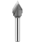 Built Like A Tank 60 Degree V Groove Router Bit With Premium Carbide Tipped Cutters And 1/4 Inch Shank, showcasing sharp angled design.