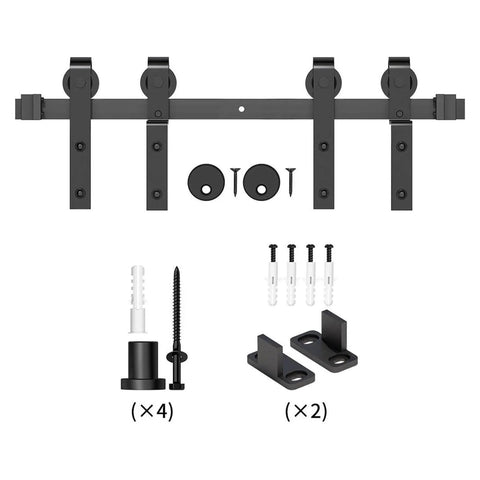 Bypass Sliding Barn Door Hardware Kit For Double Doors, Heavy Duty Matte Black Steel Tracks And Pulleys, J Shaped Door Accessory