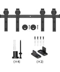 Bypass Sliding Barn Door Hardware Kit for Double Doors with J-shaped rollers, heavy-duty steel track, matte black finish, 4ft length