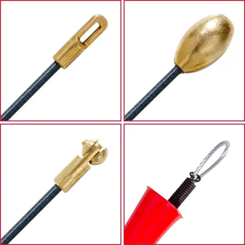 Heavy Duty Polyester Fish Tape And Wire Puller For Electrical Conduit Runs showing four pulling heads and flexible rod design.