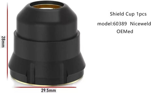 Close-up of a shield cup model 60389, size 29.5mm diameter, 28mm height, in the 24 Piece Plasma Torch Tip Kit For Chicago Electric 95136 95539 95413 60767 97994 And Campbell Hausfeld WC602002AV WC602004AV Plasma Cutters With 0.8mm Tips And 0.031 Inch Electrodes Including Protective Device And Replacement Parts.