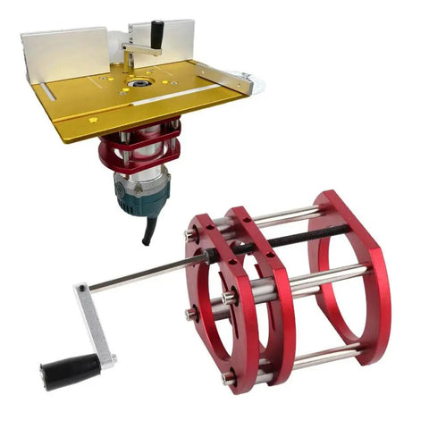 No Sweat Four Jaw Router Table Lift Base, Badass Build With Aluminum And Stainless Steel, showing height adjustment mechanism.