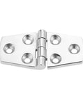 Close-up of a 316 Stainless Steel Boat Flush Door Hinge, 3 Inch, 38x76mm, Silver, showing four screw holes and polished finish.