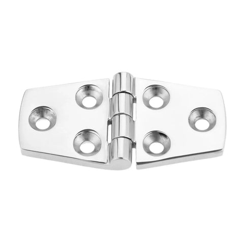 Close-up of a 316 Stainless Steel Boat Flush Door Hinge, 3 Inch, 38x76mm, Silver, showing four screw holes and polished finish.