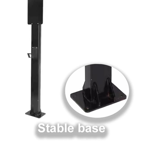 Heavy-Duty EV Charger Holder And Cord Protector with a stable base, black galvanized steel, designed for wall mounting.