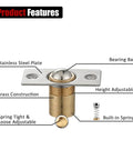 Close-up diagram of stainless steel closet door ball catch hardware kit with adjustable ball and strike plate, brushed satin finish.