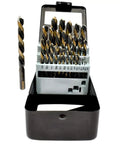 29 Piece Left Hand Drill Bit Set In Black And Gold Pro Grade For Extracting Broken Screws Or Bolts With 135 Degree Split Point Ground Self Centering Stubby Bits From One Sixteenth To One Half Inch In One Sixty Fourth Increments Neatly Stored In Metal Case display