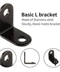 Heavy Duty 24 Pack Black Corner Braces, Rock Solid 90 Degree L Angle Brackets for Furniture and Wood Fix Ups, showing a sturdy black matte stainless steel L bracket.
