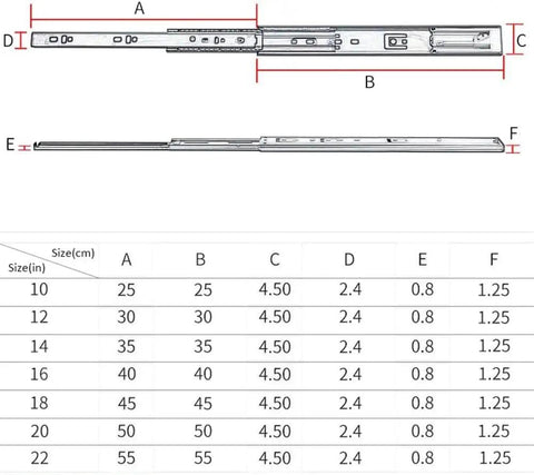 Technical diagram and sizing chart for Push To Open Drawer Slides With Ball Bearing, Full Extension Threefold, 300mm Length