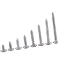 Assorted M3 Self Tapping Screws Set, 200 Pieces, 304 Stainless Steel, Truss Head, displayed in size order for wood and office repairs.